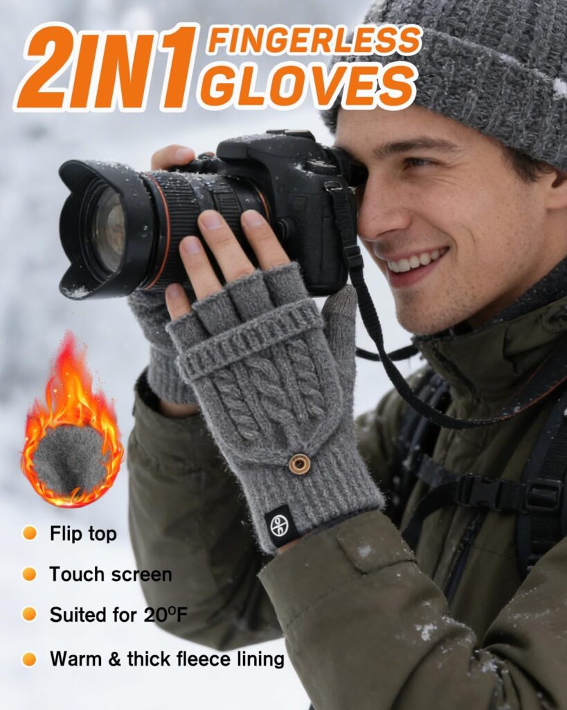 Knitted Fingerless Gloves Warm Convertible Mittens - Image 2