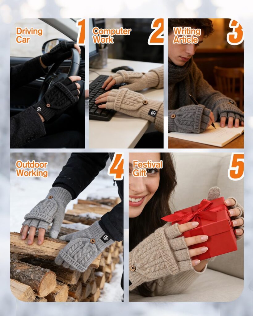 Knitted Fingerless Gloves Warm Convertible Mittens - Image 6