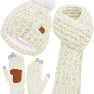 Winter Beanie Hat Scarf Gloves Set Fleece Lined